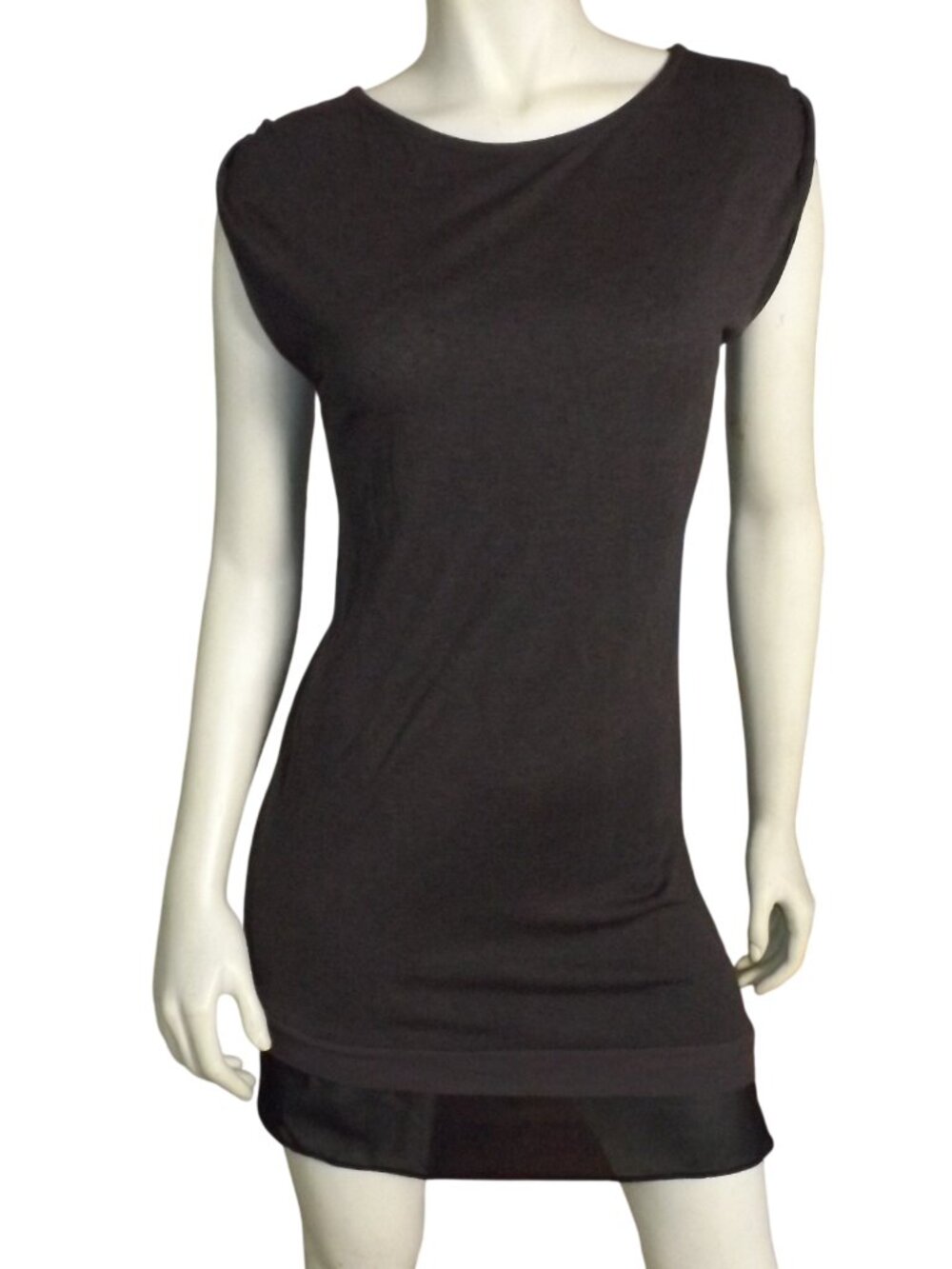ALL SAINTS Mini Dress, S, Brown wool blend, Black chiffon hem ruffle, Sleeveless